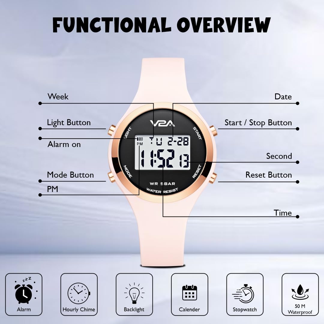 V2A Analog Digital Waterproof Fashion Sports Watch with Backlight Alarm Stopwatch for Women and Girls