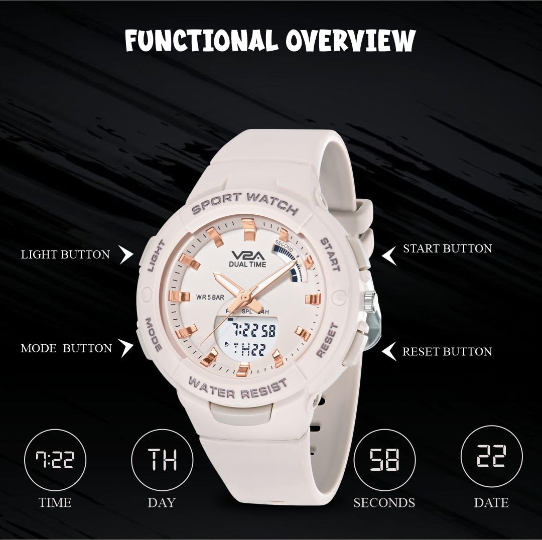 V2A Analog Digital Waterproof Fashion Sports Watch with Backlight Alarm Stopwatch for Women and Girls