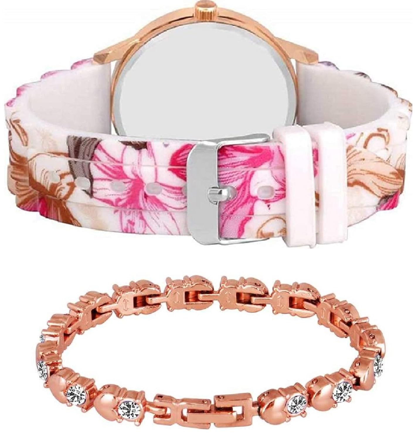 Flower Design On Dial and Strap Analog Watch with Free Bracelet for Women & Girls
