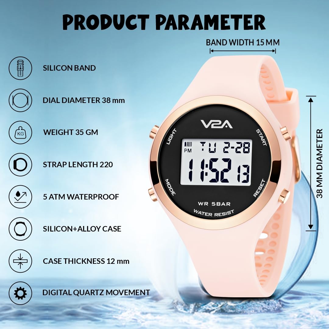 V2A Analog Digital Waterproof Fashion Sports Watch with Backlight Alarm Stopwatch for Women and Girls