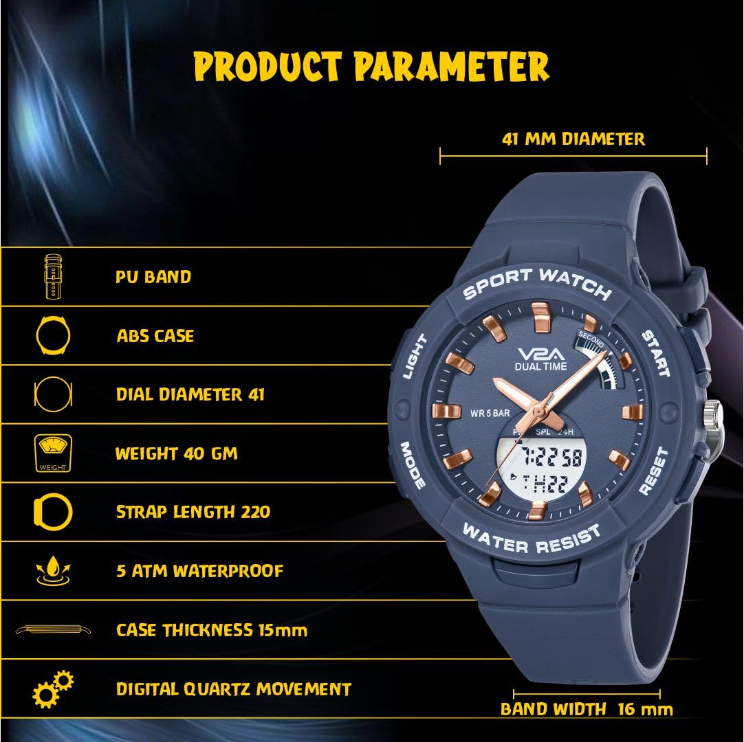 V2A Analog Digital Waterproof Fashion Sports Watch with Backlight Alarm Stopwatch for Women and Girls