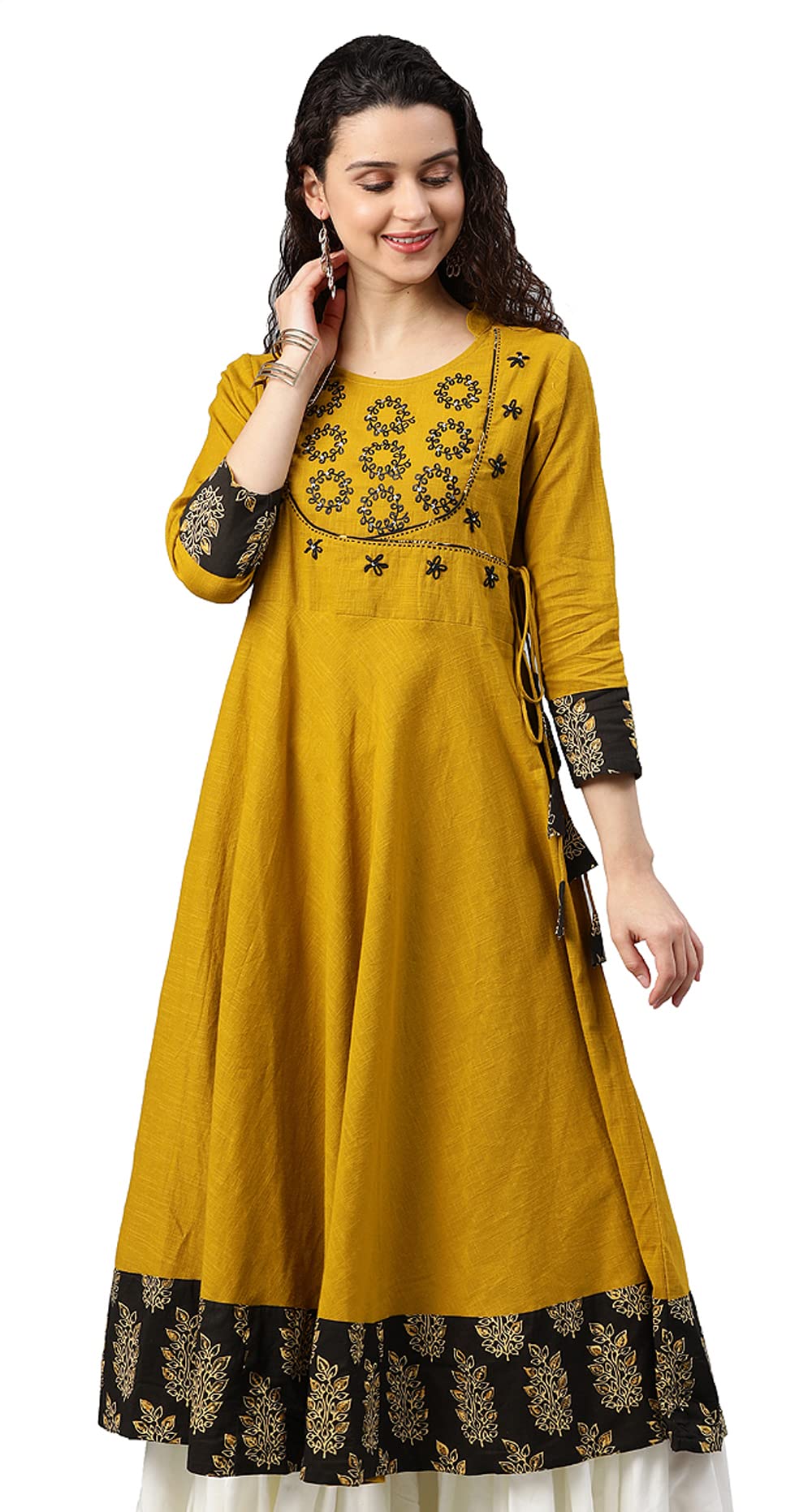 Yash Gallery Women's Cotton Slub Sequin Work Angrakha Kurta for Women