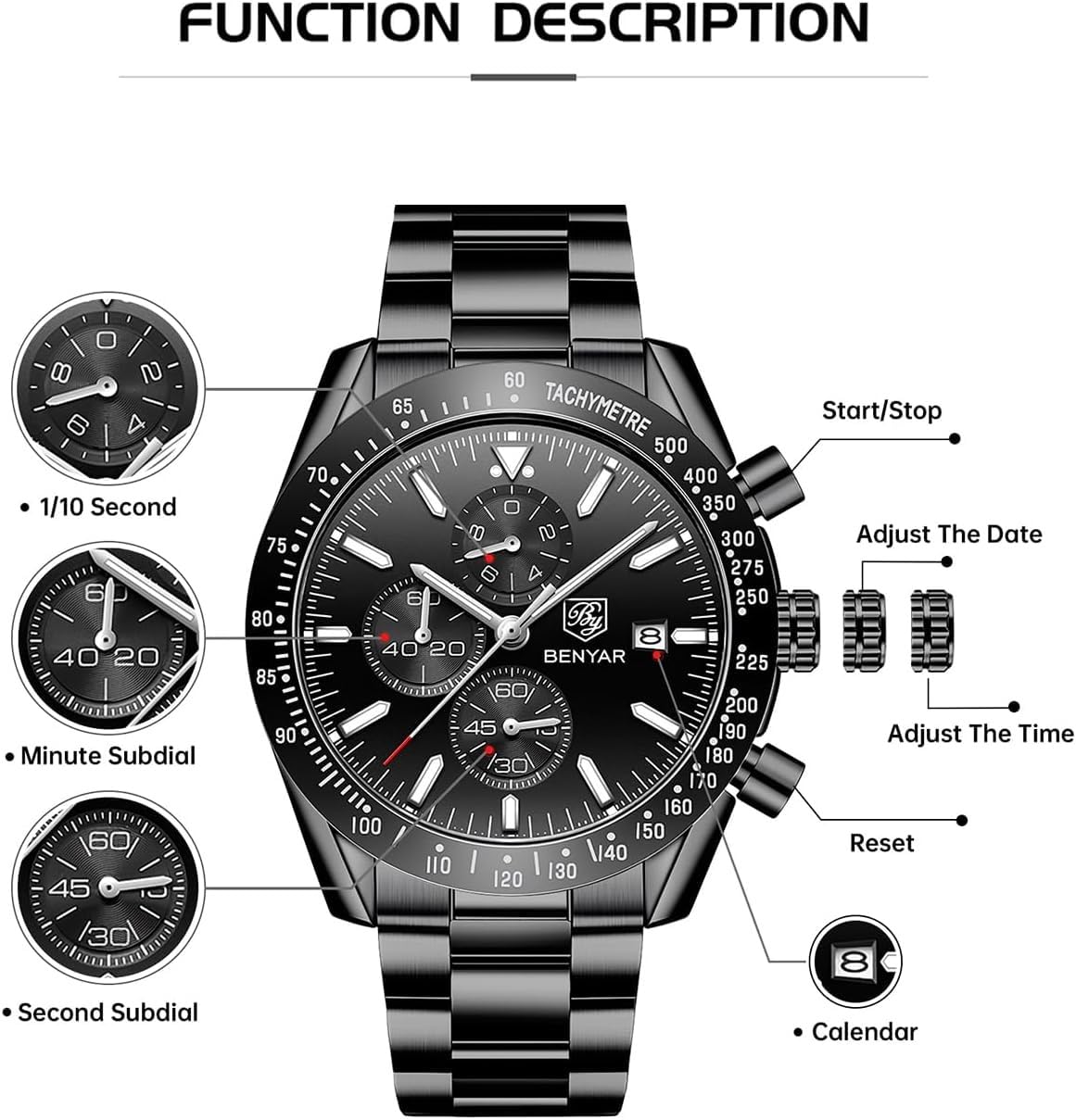 BENYAR Luxury Business Casual Party-Wear Silicone Chronograph Date Display Watch for Men