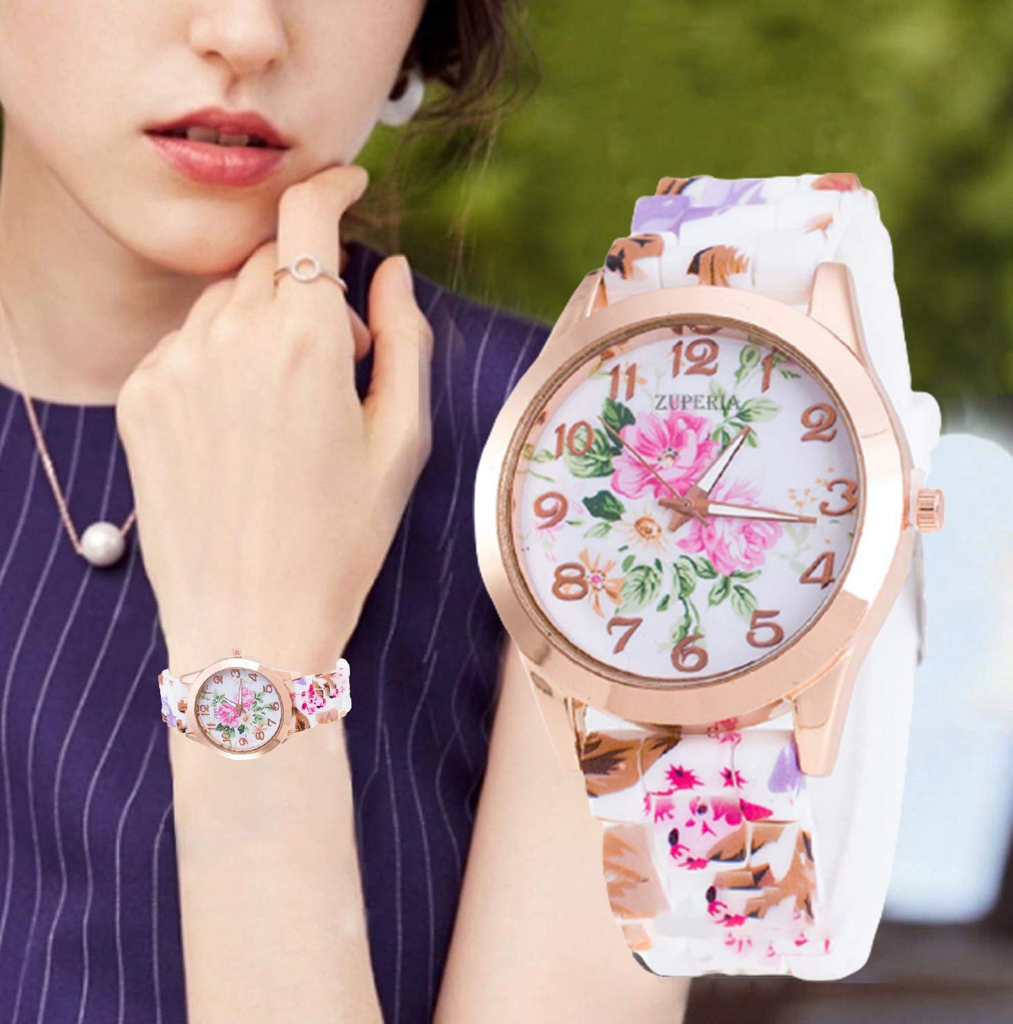 Flower Design On Dial and Strap Analog Watch with Free Bracelet for Women & Girls