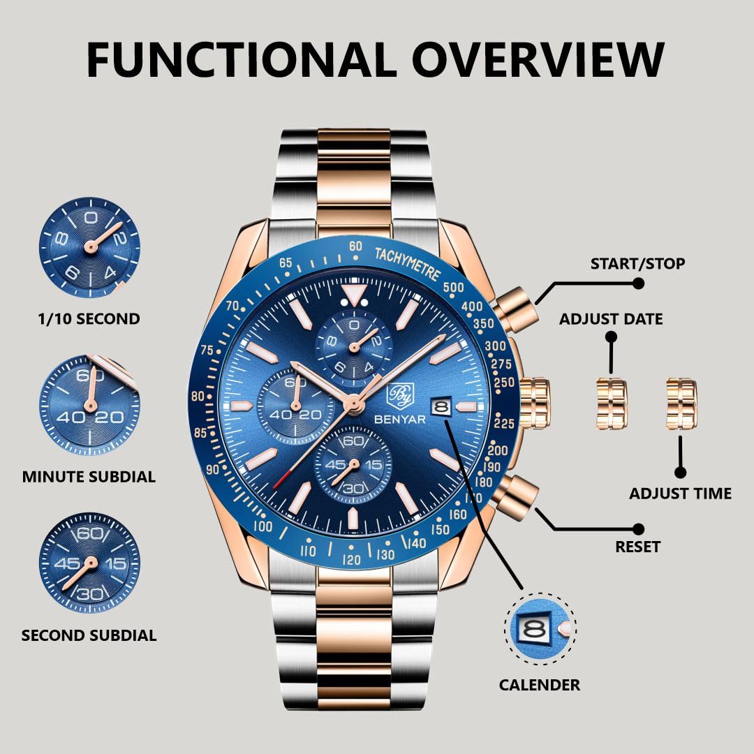BENYAR Luxury Business Casual Party-Wear Silicone Chronograph Date Display Watch for Men