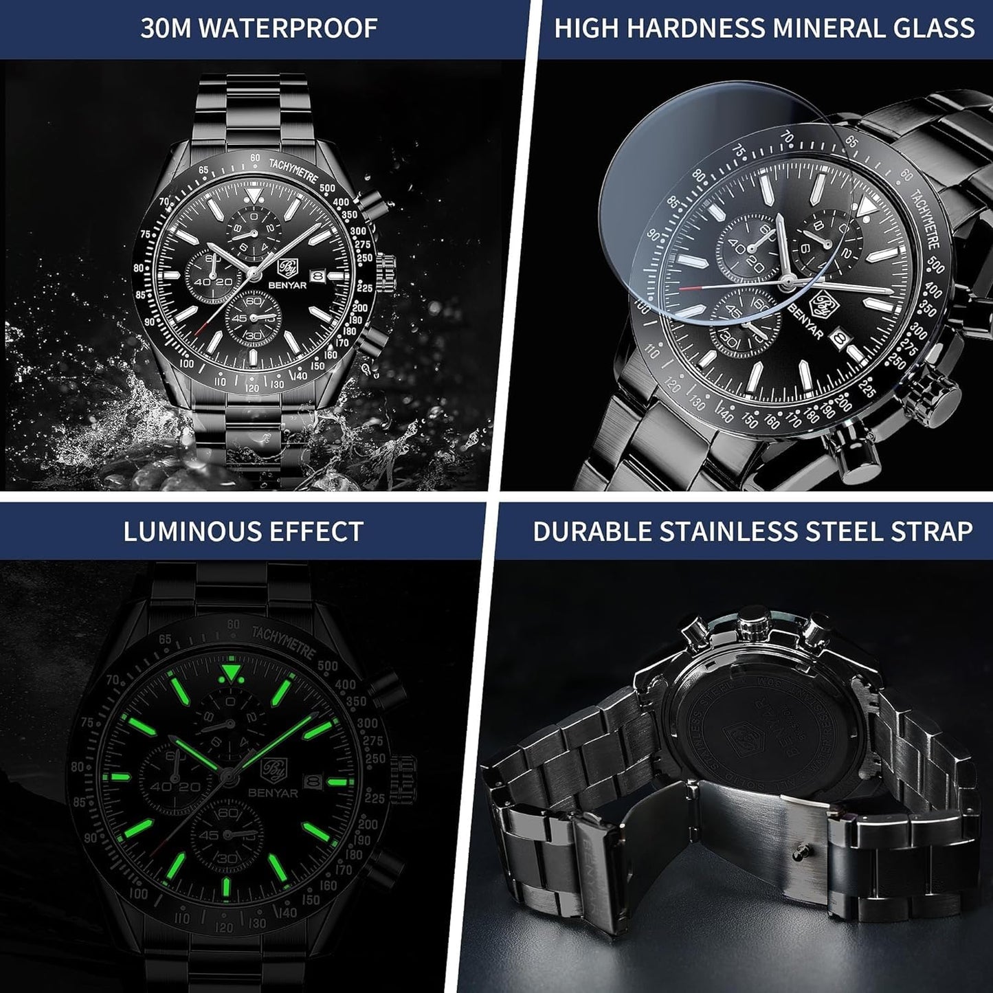 BENYAR Luxury Business Casual Party-Wear Silicone Chronograph Date Display Watch for Men