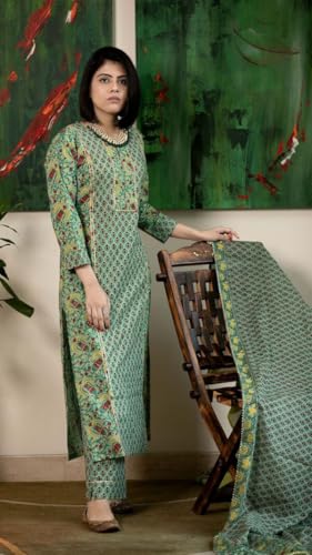 GoSriKi Women's Rayon Viscose Printed Straight Kurta with Pant & Dupatta