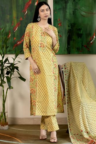 GoSriKi Women's Rayon Viscose Printed Straight Kurta with Pant & Dupatta