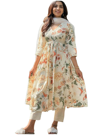 GoSriKi Women's Rayon Blend Printed Anarkali Kurta with Pant & Dupatta