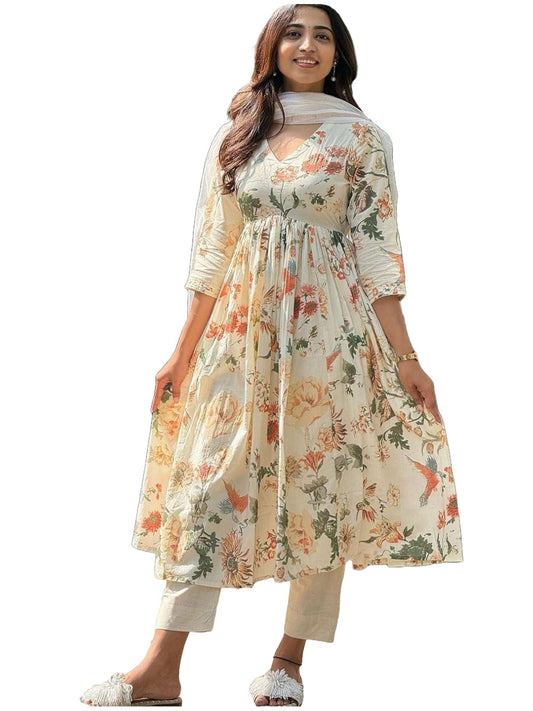 GoSriKi Women's Rayon Blend Printed Anarkali Kurta with Pant & Dupatta