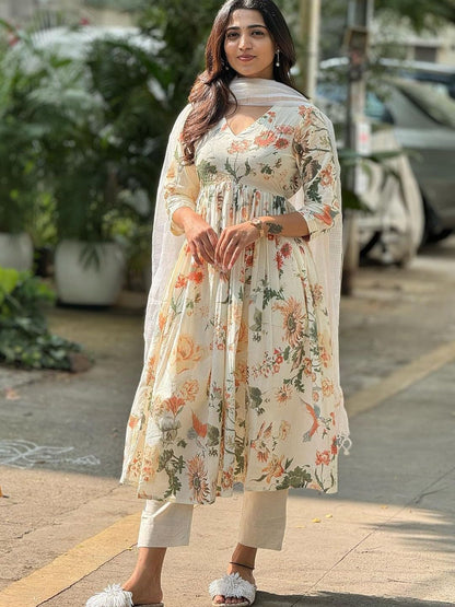 GoSriKi Women's Rayon Blend Printed Anarkali Kurta with Pant & Dupatta