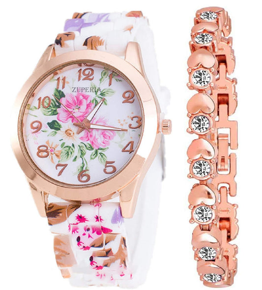 Flower Design On Dial and Strap Analog Watch with Free Bracelet for Women & Girls