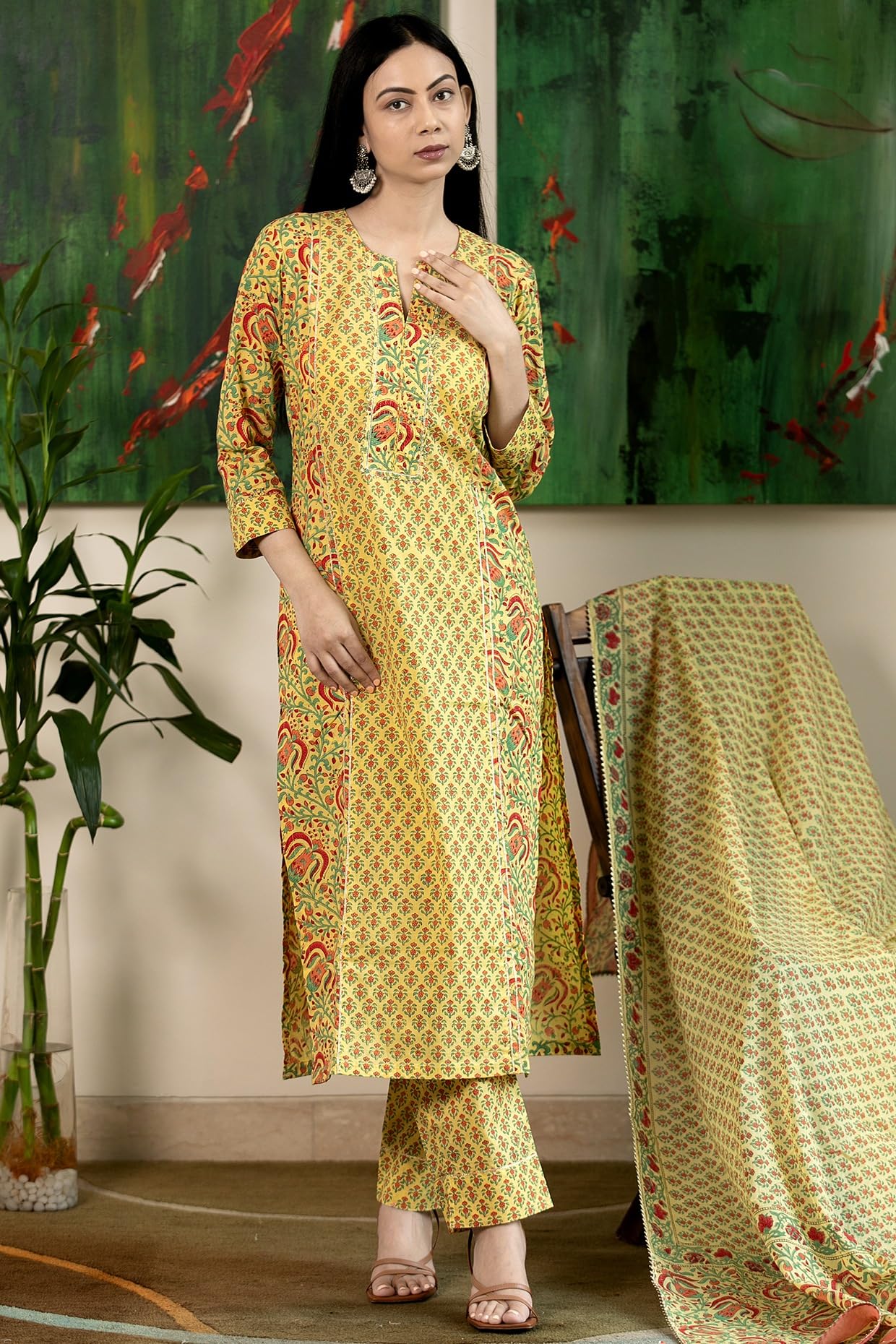 GoSriKi Women's Rayon Viscose Printed Straight Kurta with Pant & Dupatta
