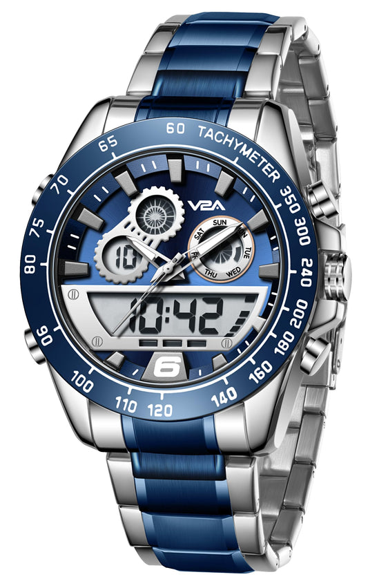 V2A Fusion Series Analog-Digital Men’s Watch with Stainless Steel Band & Alloy Steel Case – Multifunctional with Alarm, Stopwatch, EL Backlight Watch for Men | Gift for Men