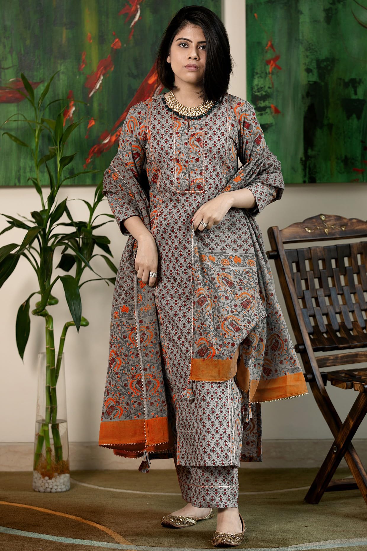 GoSriKi Women's Rayon Viscose Printed Straight Kurta with Pant & Dupatta