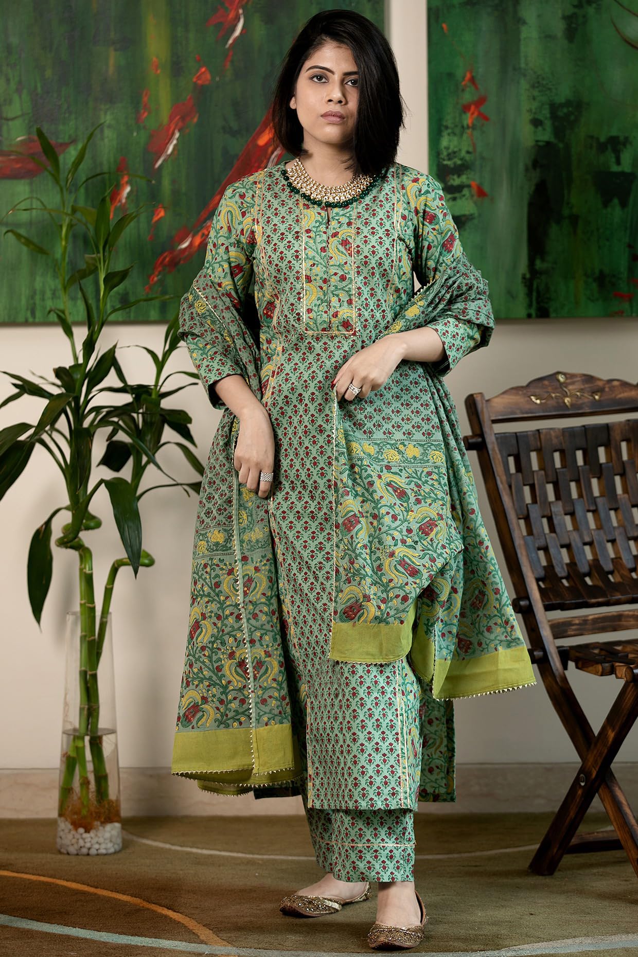 GoSriKi Women's Rayon Viscose Printed Straight Kurta with Pant & Dupatta
